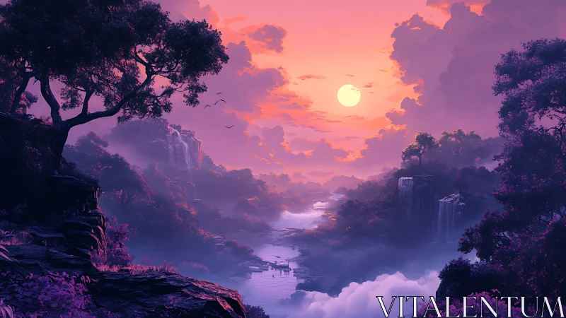 Vibrant sunset over misty river valley with waterfalls.