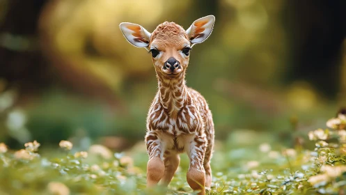 Gentle baby giraffe exploring a sunlit forest meadow.