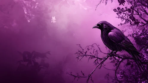 High‑contrast violet raven illustration with atmospheric depth gradients
