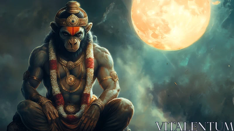Mythic warrior monkey deity under luminous full moon.