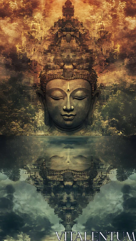 Mirrored Buddha skyline dreaming above a twilight temple sea.