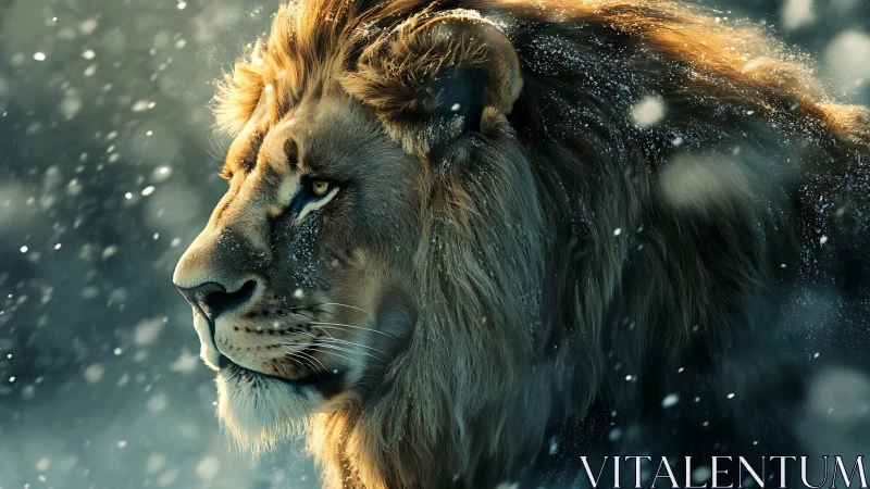 Majestic lion profile glows through swirling winter snow.