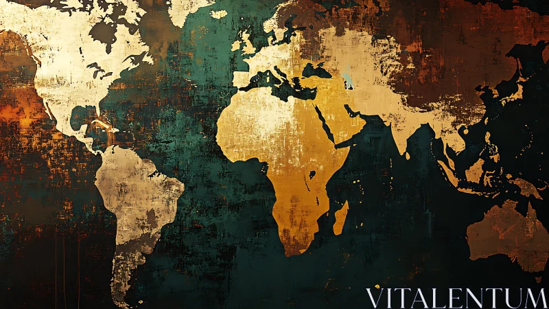 Warm textured world map glows with rustic golden continents
