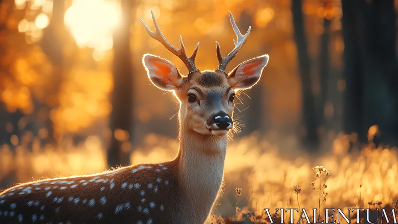 Photorealistic young deer portrait in backlit autumn forest.