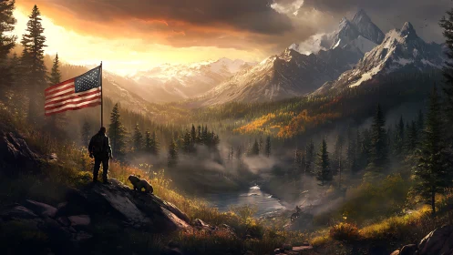 Soldier with US flag overlooking misty mountain valley.