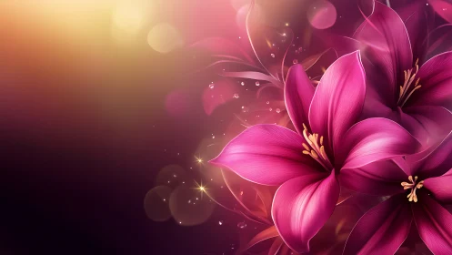 Luminous Pink Lilies. Digital Florals Against Gradient Dark Background.