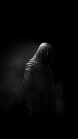 Cloaked humanoid silhouette rendered in high contrast volumetric shadow
