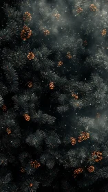 Smoky evergreen pine canopy with glowing amber cones.