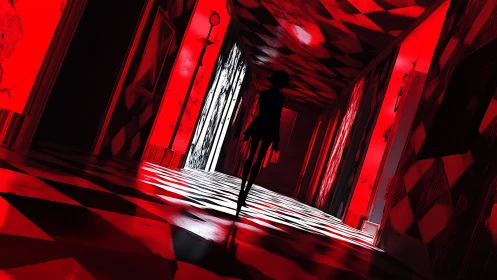 Oblique red corridor with silhouetted figure and high contrast lighting.