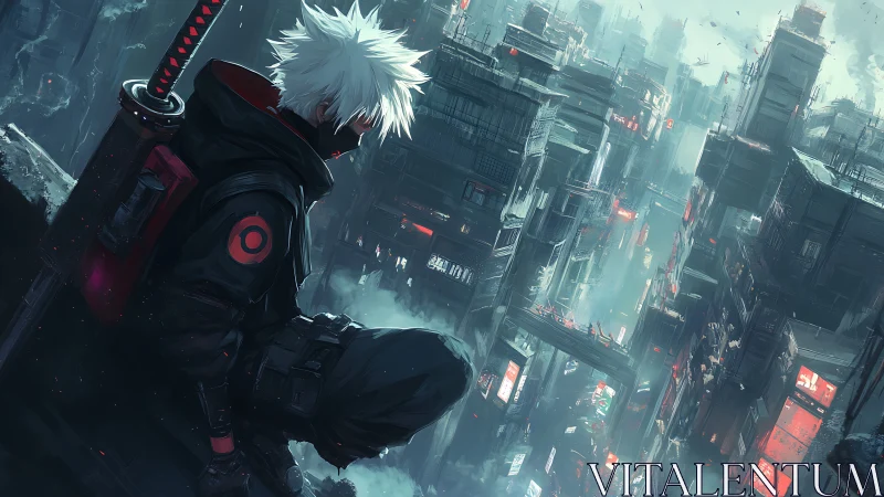 Silent cyberpunk sentinel watches over a neon-soaked city