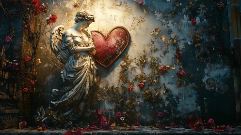 Winged Angel Guards Crimson Heart Against Weathered Wall.