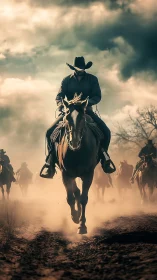 Dust-charged cowboy cavalcade in dynamic frontal motion.