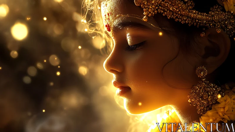 Golden light kisses a serene girl in ornate festival jewelry