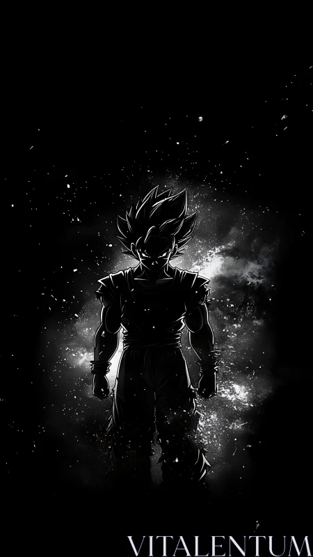 High-contrast anime warrior silhouette in cosmic backlight.