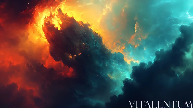 Cosmic storm where firelight collides with frozen sky.