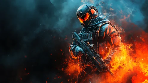 Tactical soldier framed by cinematic blue and orange flames.
