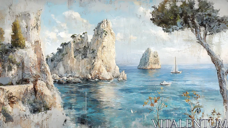Coastal cliffs, distant sea stacks and boats occupy the seascape