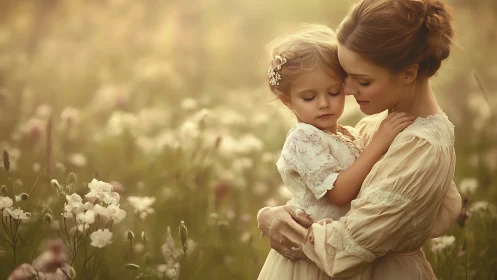 Mother and daughter embrace in sunlit wildflower meadow