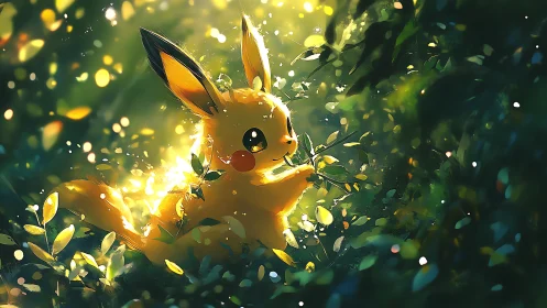 Pikachu glows in a sunlit forest clearing at golden hour.