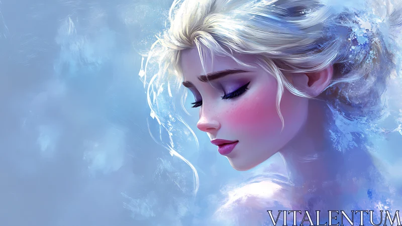 Side profile portrait of icy-haired woman in soft blues.