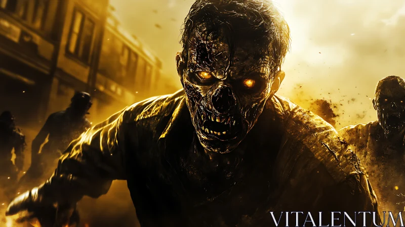 Aggressive molten-eyed zombie horde in golden urban backlight
