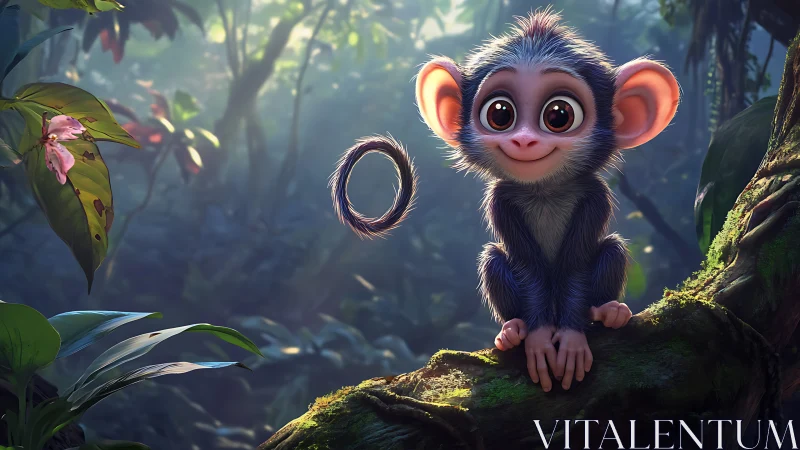 Curious baby monkey with floating ring in lush jungle light.