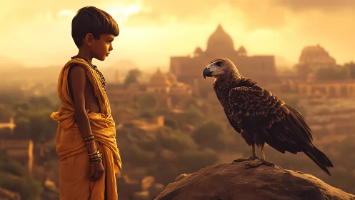 Young monk meets eagle at sunset above ancient cityscape