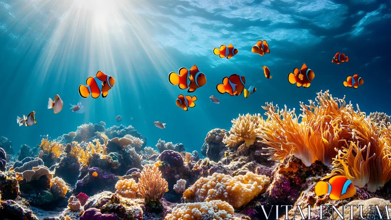 Clownfish school glides above sunlit coral reef landscape