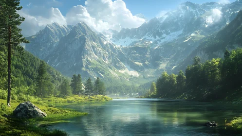 Photoreal mountain lake landscape with atmospheric depth.