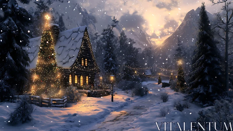 Digital painting of snowlit alpine cabin in festive winter dusk.