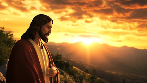 Serene robed figure contemplates glowing mountain sunrise