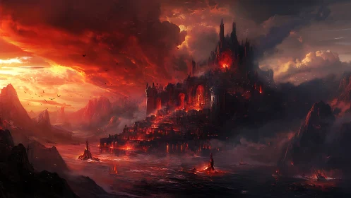 Infernal fortress dominates molten coastal wasteland at dusk