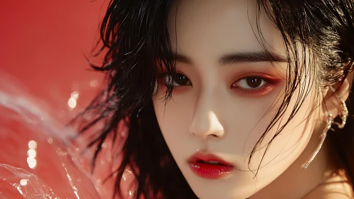 Scarlet gaze glimmers against water-slicked, fiery backdrop.