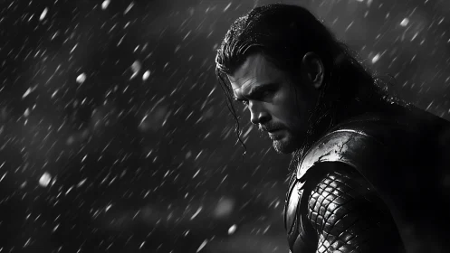 Brooding warrior stands in storm-lit darkness, resolute and alone