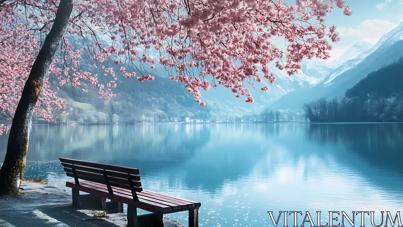 Bench beneath cherry blossoms facing calm alpine lake.