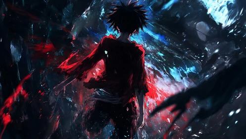 Backlit anime figure in red-blue high contrast painterly chaos