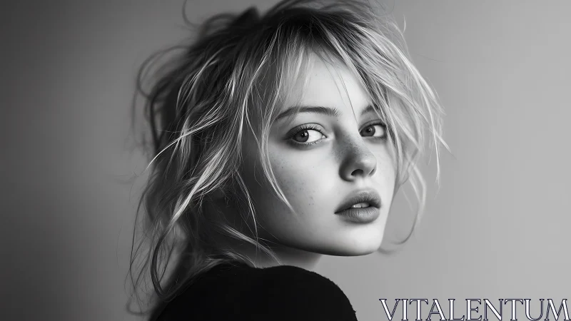 Storm-tousled gaze in grayscale quiet, frozen mid-turn.