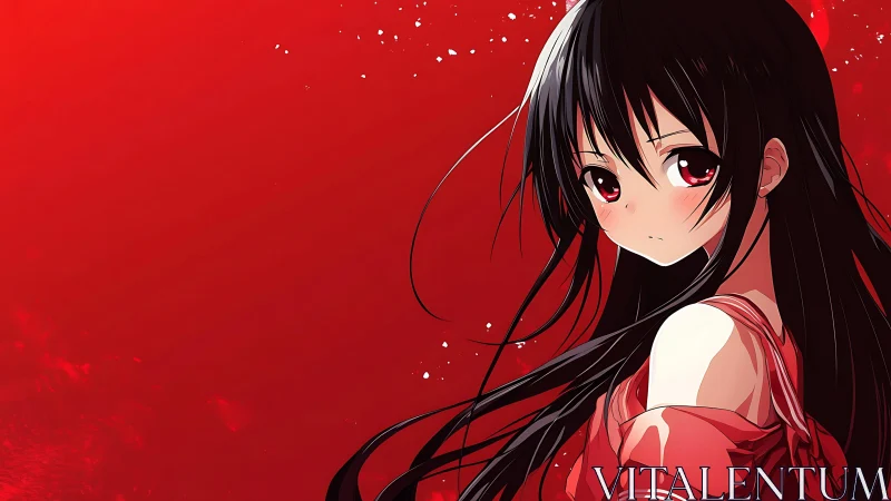 Soft-eyed anime girl in red against a bold crimson sky.