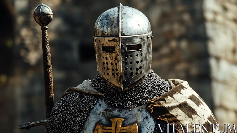 Medieval knight in full armor holding mace in courtyard.