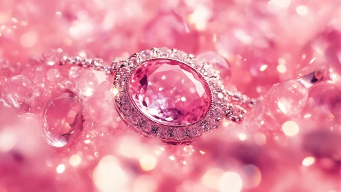 Pink gemstone pendant in macro focus with luminous bokeh field.
