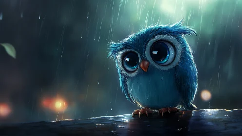 Cute blue cartoon owl with big eyes in the rain, digital art style.