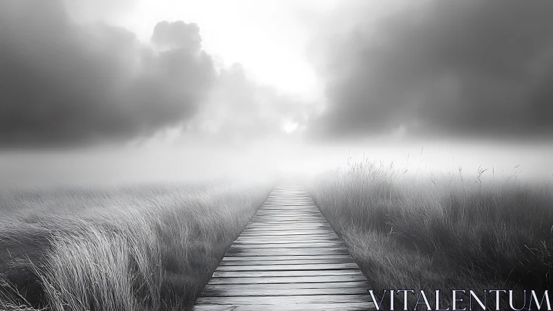 Quiet wooden pathway drifting into soft silver fog.