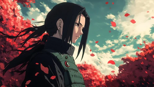 Solitary anime warrior in red leaf storm under dramatic sky