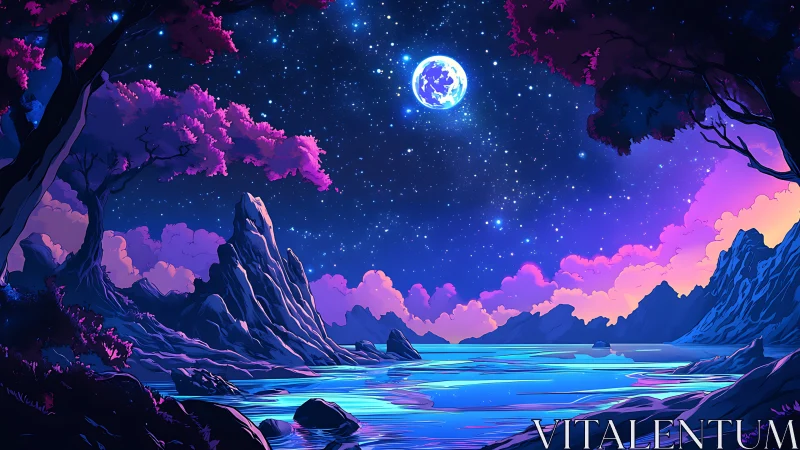 Luminous lunar lake under chromatic nebular twilight sky.