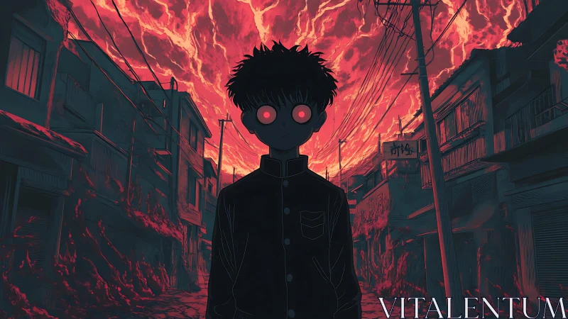 Apocalyptic urban corridor with psionic silhouette in uniform.