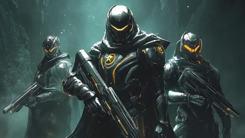 Midnight exosuits stride forward, harvesting neon from shadows