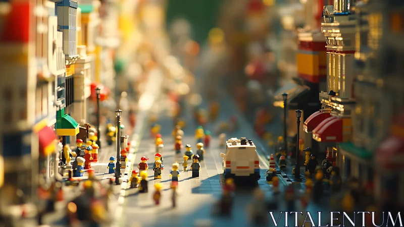 Lego city street scene under warm sunset light.