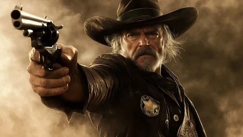 Grizzled desert lawman aims iron justice through dust storm.