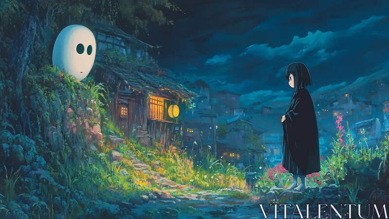 Nocturnal village path with cloaked child and spirit watcher.