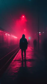 Silhouetted figure on misty platform with red train lights.